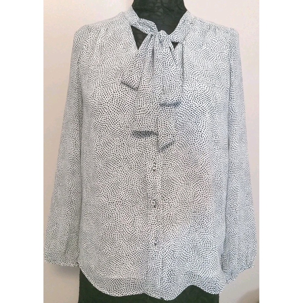 DR2 Black White Round Tie Neck Button‎ Up Elastic Long Sleeve Blouse size S